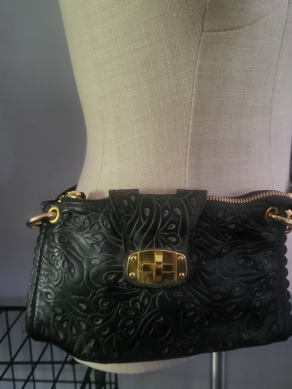 Black Embossed Leather Crossbody with Gold Turn-Lock